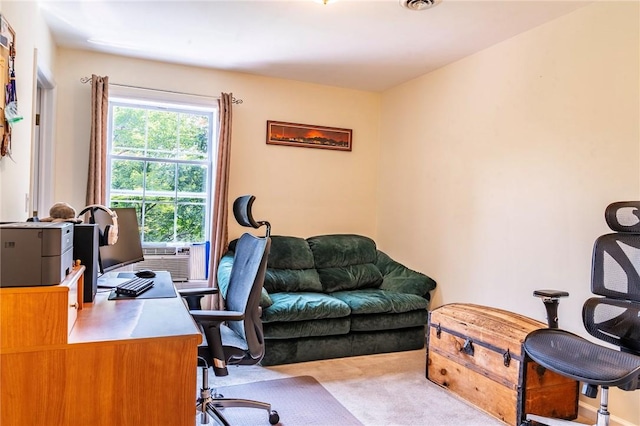 home office with light colored carpet