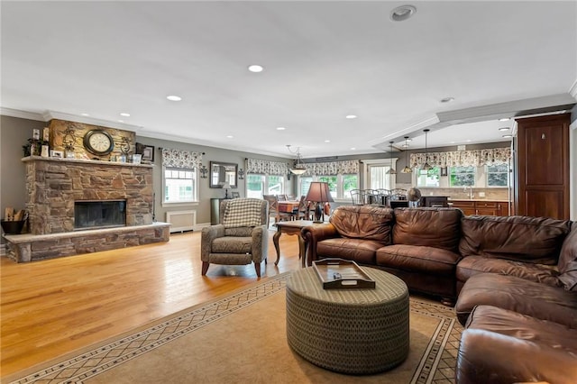 living room featuring a fireplace, plenty of natural light, light hardwood / wood-style floors, and ornamental molding