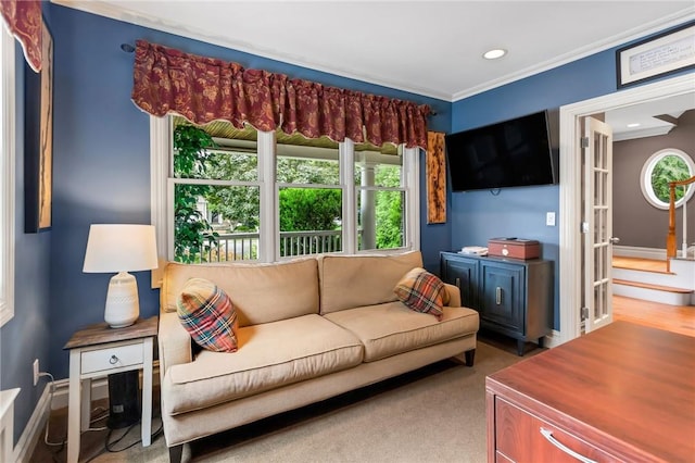 carpeted living room with crown molding