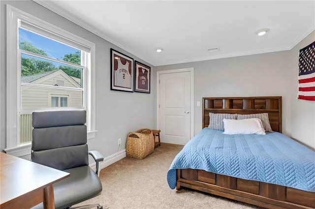 carpeted bedroom with crown molding