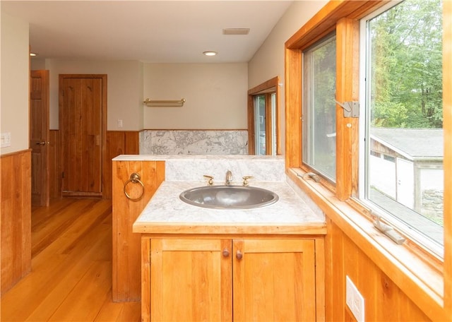 bathroom with vanity and hardwood / wood-style flooring