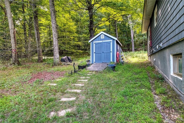 view of yard with a storage shed