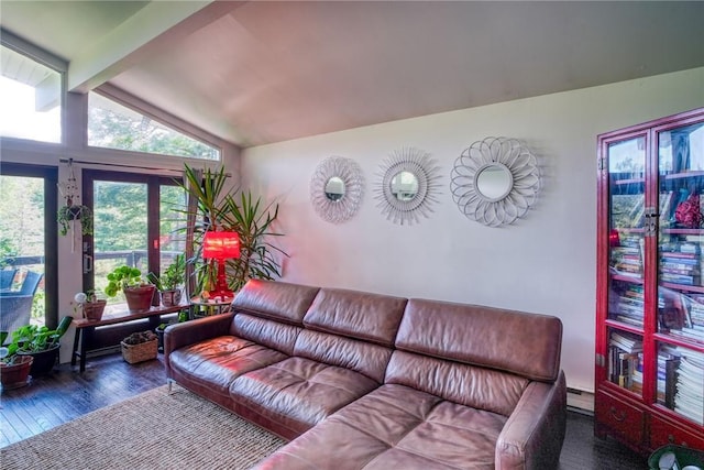 living room featuring vaulted ceiling with beams, dark wood-type flooring, and a baseboard heating unit