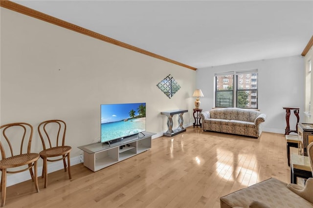 living room featuring light wood-type flooring and crown molding