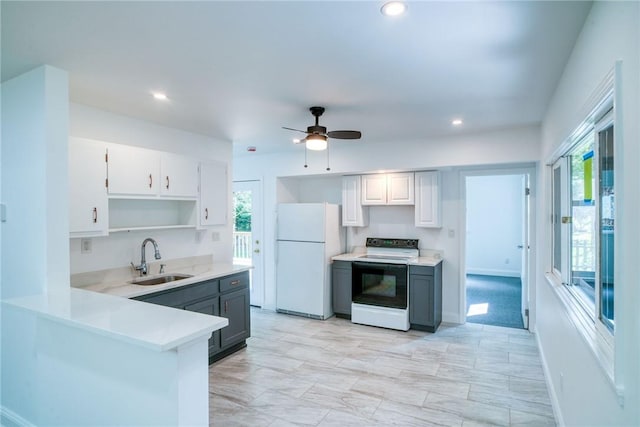 kitchen featuring white cabinets, ceiling fan, white appliances, and sink