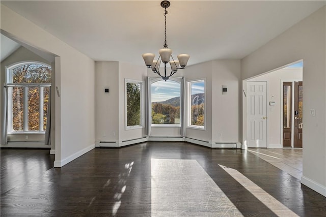 unfurnished dining area with baseboard heating, vaulted ceiling, dark hardwood / wood-style floors, and an inviting chandelier