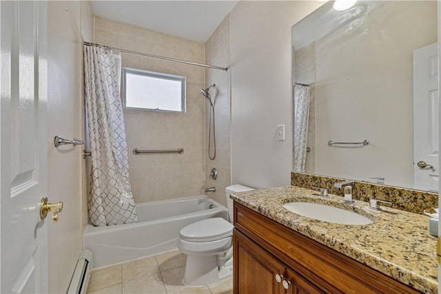 full bathroom with vanity, baseboard heating, shower / bathtub combination with curtain, tile patterned flooring, and toilet