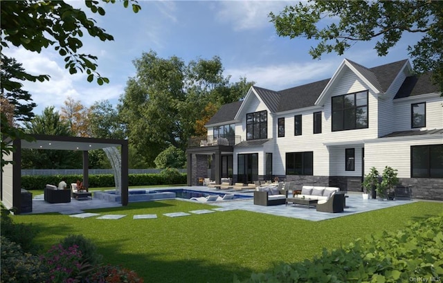 rear view of house with a yard, outdoor lounge area, a balcony, and a patio