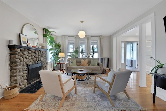 living room featuring a fireplace and light hardwood / wood-style flooring