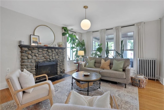 living room with wood-type flooring, a fireplace, and radiator