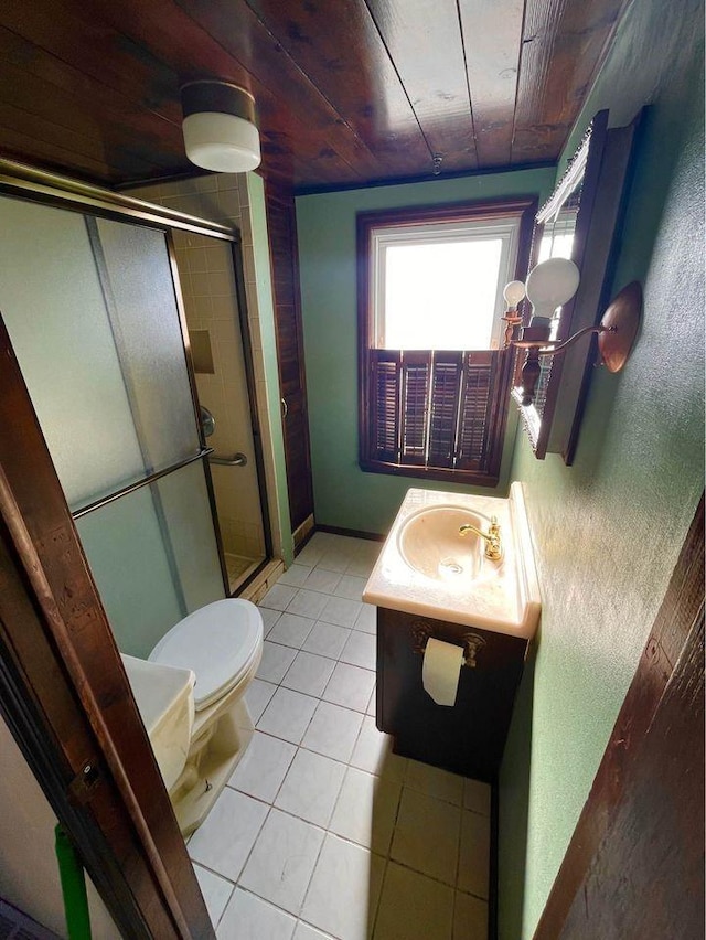 bathroom featuring walk in shower, wood ceiling, vanity, tile patterned flooring, and toilet