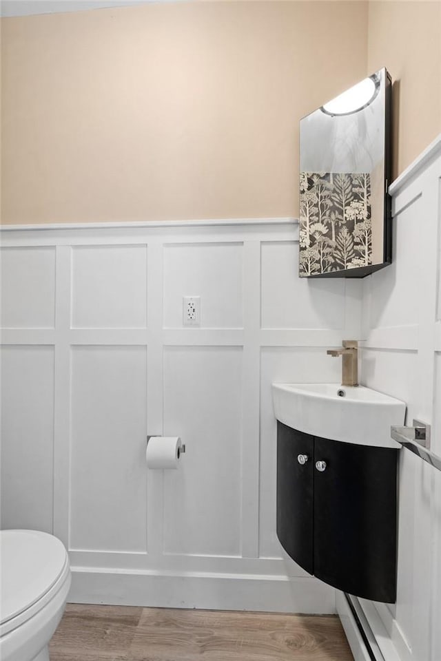 bathroom featuring vanity, wood-type flooring, and toilet