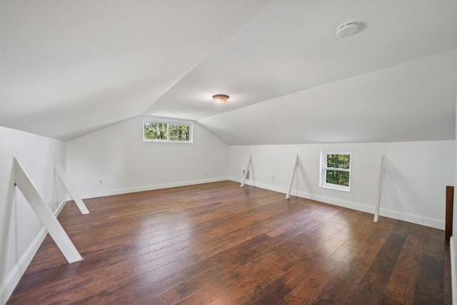 bonus room with a healthy amount of sunlight, dark wood-type flooring, and vaulted ceiling