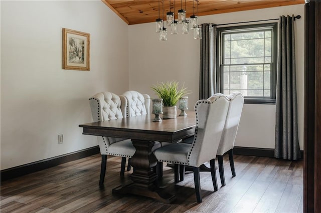 dining room featuring lofted ceiling, wooden ceiling, and dark wood-type flooring