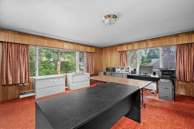 carpeted home office featuring baseboard heating and wood walls