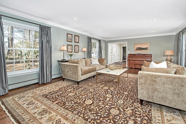 living area with a baseboard radiator, crown molding, recessed lighting, and wood finished floors