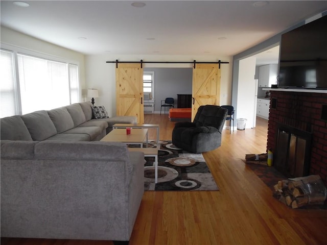 living room featuring a barn door, light wood-type flooring, a healthy amount of sunlight, and a fireplace