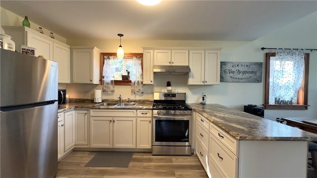 kitchen with appliances with stainless steel finishes, white cabinetry, and a wealth of natural light