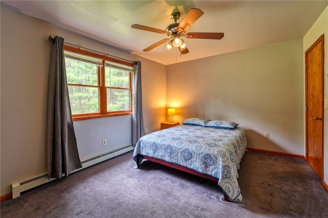 bedroom with ceiling fan, dark carpet, and a baseboard heating unit