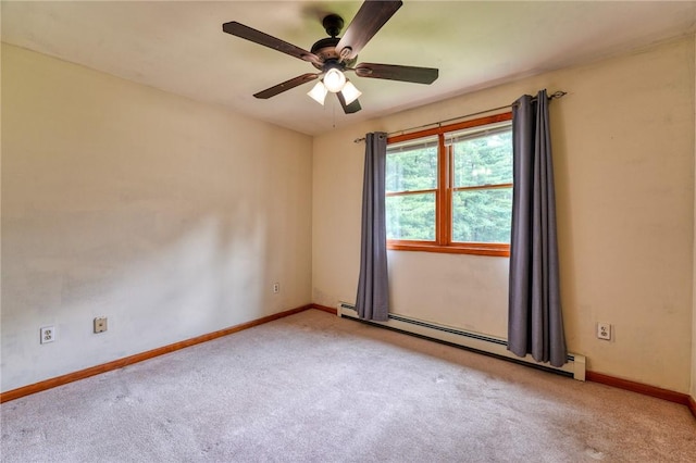 empty room featuring ceiling fan, light colored carpet, and a baseboard radiator