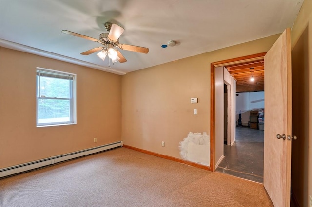 spare room with ceiling fan, carpet, and a baseboard radiator