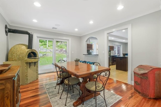 25 Red Oak Ln, Garrison, NY 10524 - dining area with light wood-style flooring, ornamental molding, and recessed lighting