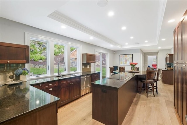 kitchen featuring a spacious island, light wood-type flooring, sink, and a tray ceiling