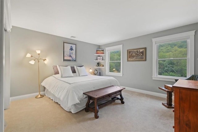 bedroom featuring multiple windows and light carpet