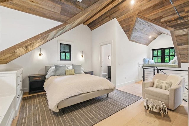 bedroom with lofted ceiling with beams, wood ceiling, and light hardwood / wood-style flooring