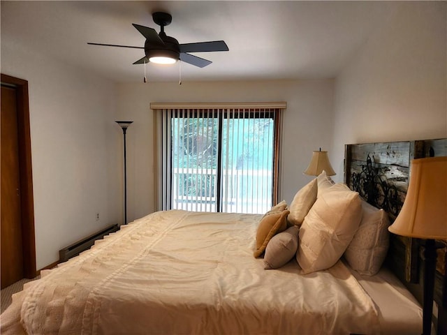 bedroom featuring access to outside, ceiling fan, and a baseboard heating unit