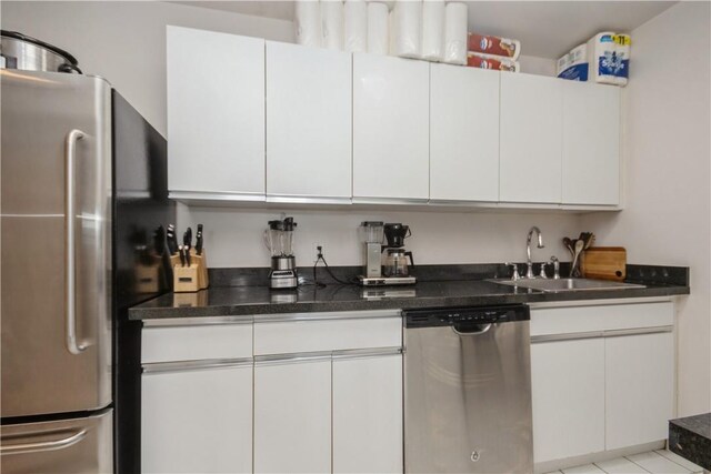 kitchen with appliances with stainless steel finishes, dark countertops, a sink, and white cabinets