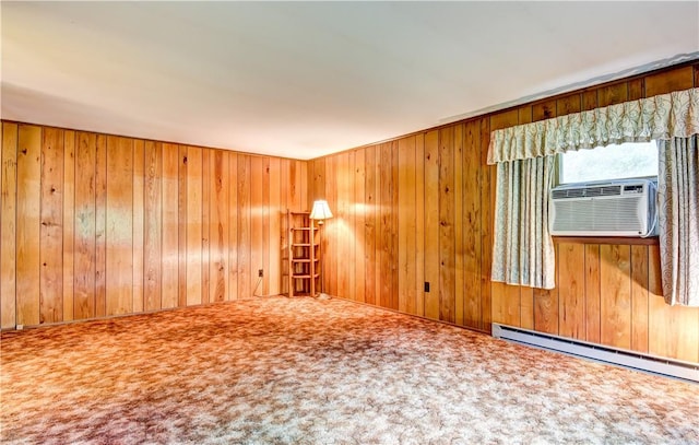 unfurnished room featuring wood walls, carpet floors, baseboard heating, and cooling unit