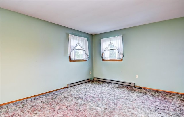 spare room with carpet and baseboard heating