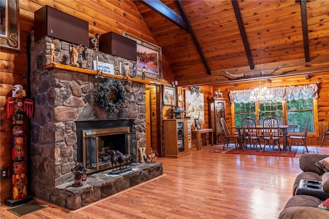 unfurnished living room featuring a stone fireplace, beamed ceiling, high vaulted ceiling, wood ceiling, and hardwood / wood-style flooring