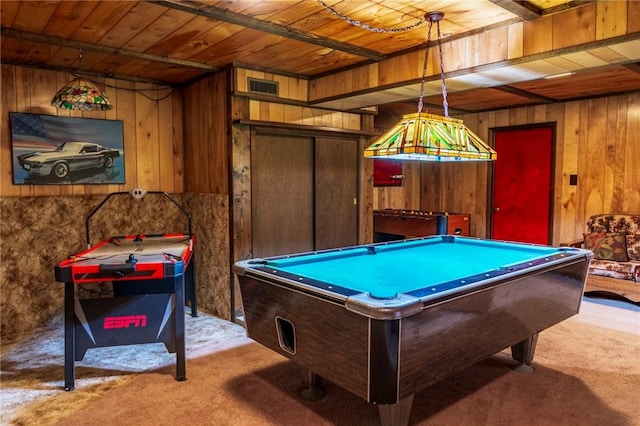 rec room with wood ceiling, wood walls, light colored carpet, and pool table