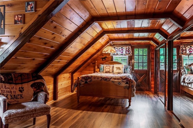 bedroom featuring wooden ceiling, hardwood / wood-style floors, lofted ceiling with beams, and wooden walls