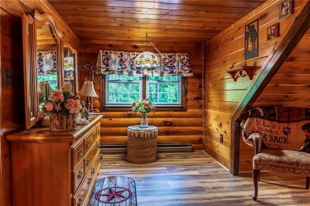 living area with baseboard heating, rustic walls, wooden ceiling, and wood-type flooring