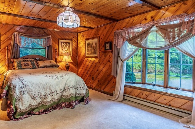 carpeted bedroom featuring baseboard heating, wooden walls, wood ceiling, and beam ceiling