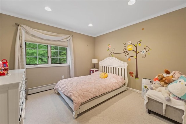 bedroom featuring a baseboard radiator, crown molding, and light colored carpet