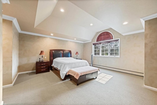 bedroom with light carpet, ornamental molding, and a baseboard heating unit