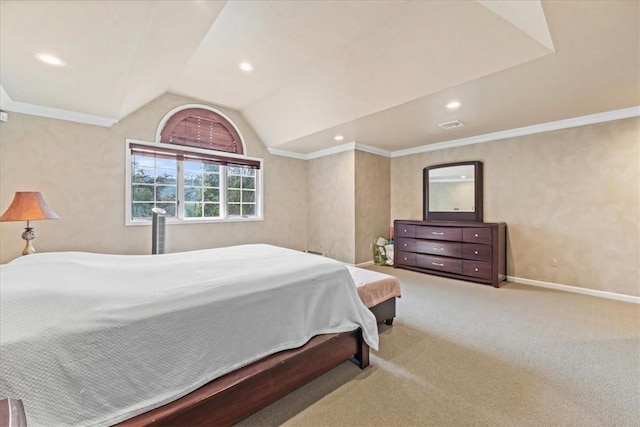 carpeted bedroom featuring lofted ceiling and ornamental molding