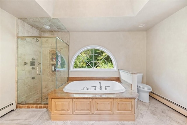 bathroom with tile patterned flooring, toilet, baseboard heating, and independent shower and bath