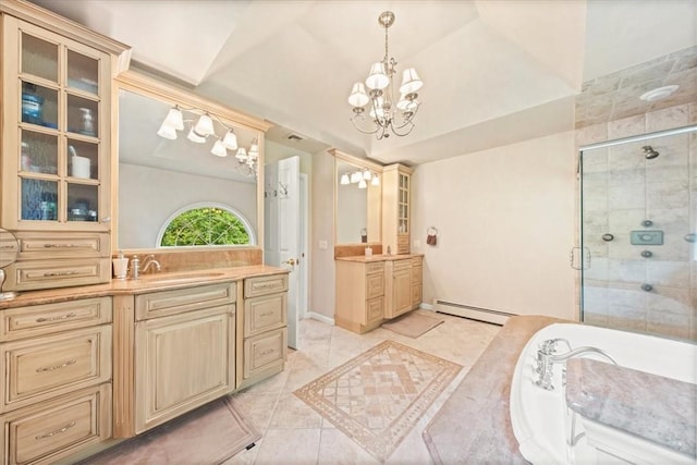 bathroom featuring vanity, a shower with door, a baseboard heating unit, a chandelier, and tile patterned flooring