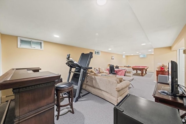 exercise area with light colored carpet, baseboard heating, and billiards