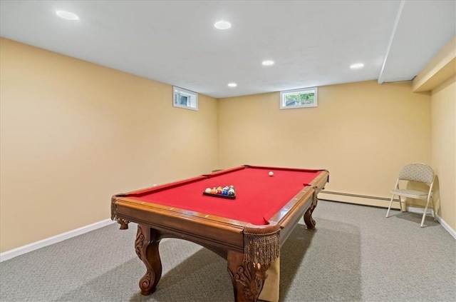 rec room featuring carpet floors, a baseboard radiator, and billiards