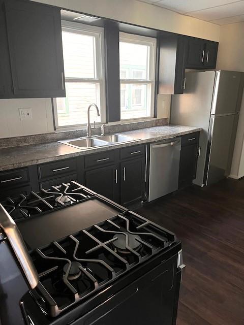 kitchen with stainless steel appliances, plenty of natural light, dark wood-type flooring, and sink