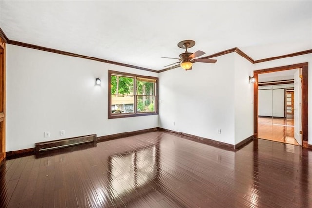 unfurnished room featuring ceiling fan, dark wood-type flooring, a baseboard radiator, and ornamental molding