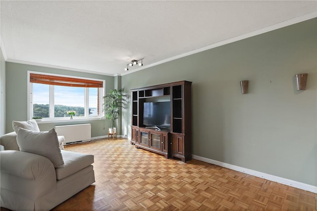 living room with parquet floors, crown molding, and radiator