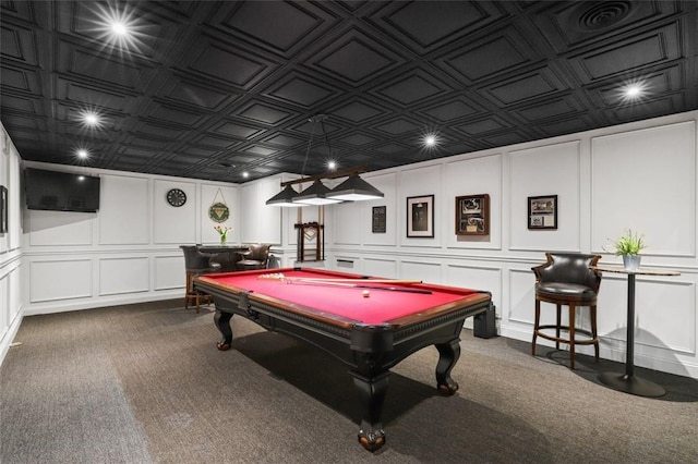 recreation room featuring dark colored carpet and billiards