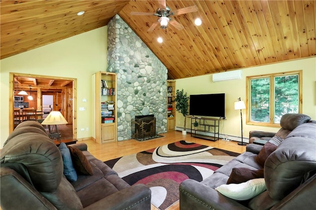 living room with wooden ceiling, high vaulted ceiling, a baseboard heating unit, light wood-type flooring, and a wall unit AC